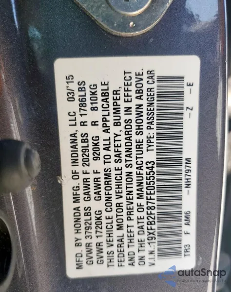 2015 Honda Civic Ex from USA, damaged, VIN 19XFB2F87FE055543